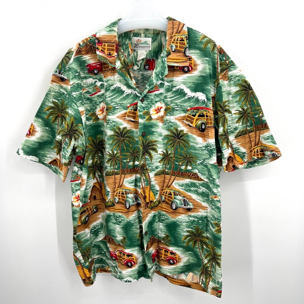 Vintage Hawaiian Shirt‎ 100% Cotton Coconut Buttons Woodie Station Wagons 3X